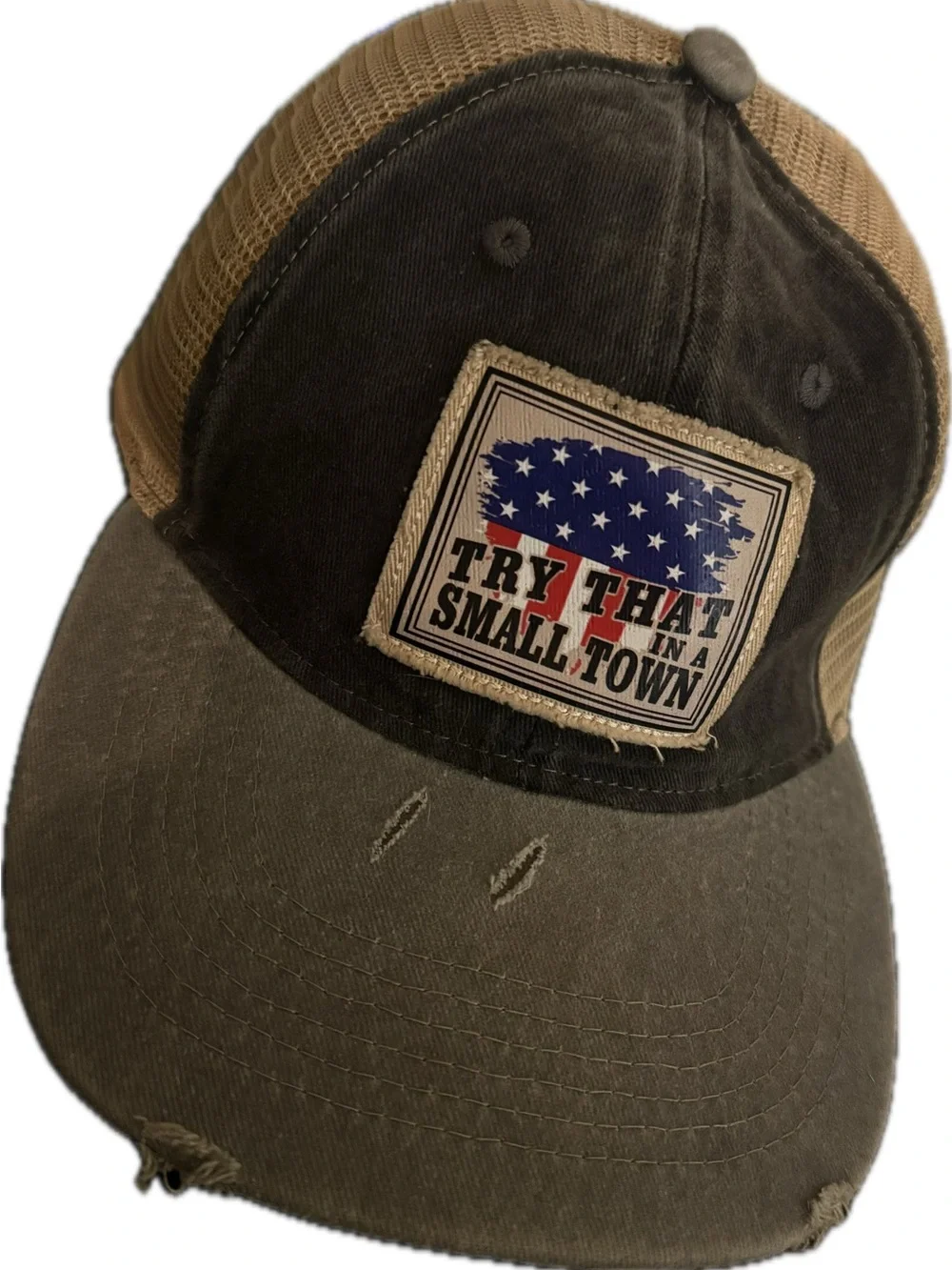 Try That Small Town Distressed Trucker Cap - Denim / Beige Mesh